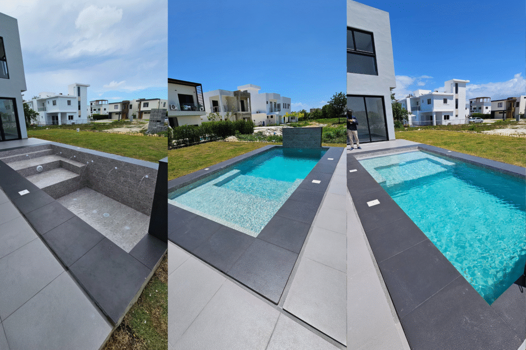Vistas de la piscina construida en Vistacana, con terraza y acabados en tonos grises.