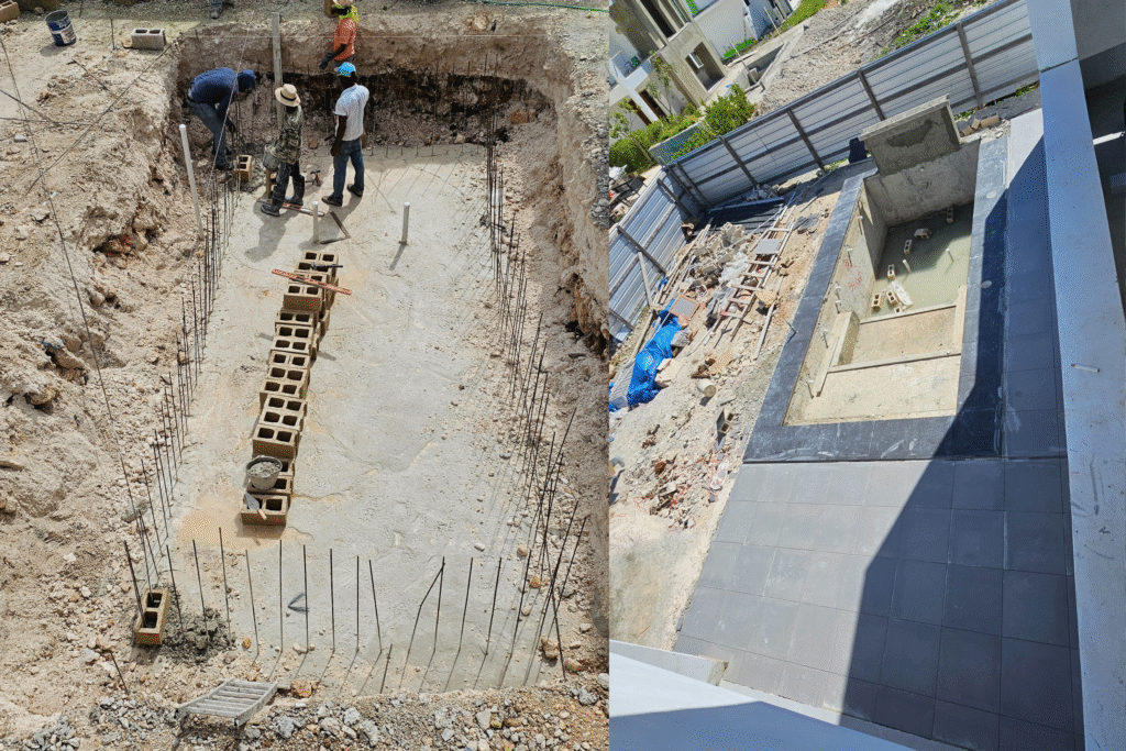 Excavación y refuerzo de acero durante la construcción de la piscina en Vistacana.