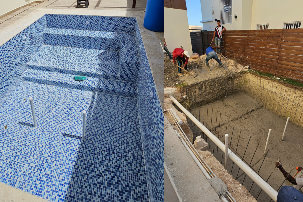 Revestimiento azul y proceso de construcción de la piscina en Ciudad del Sol.