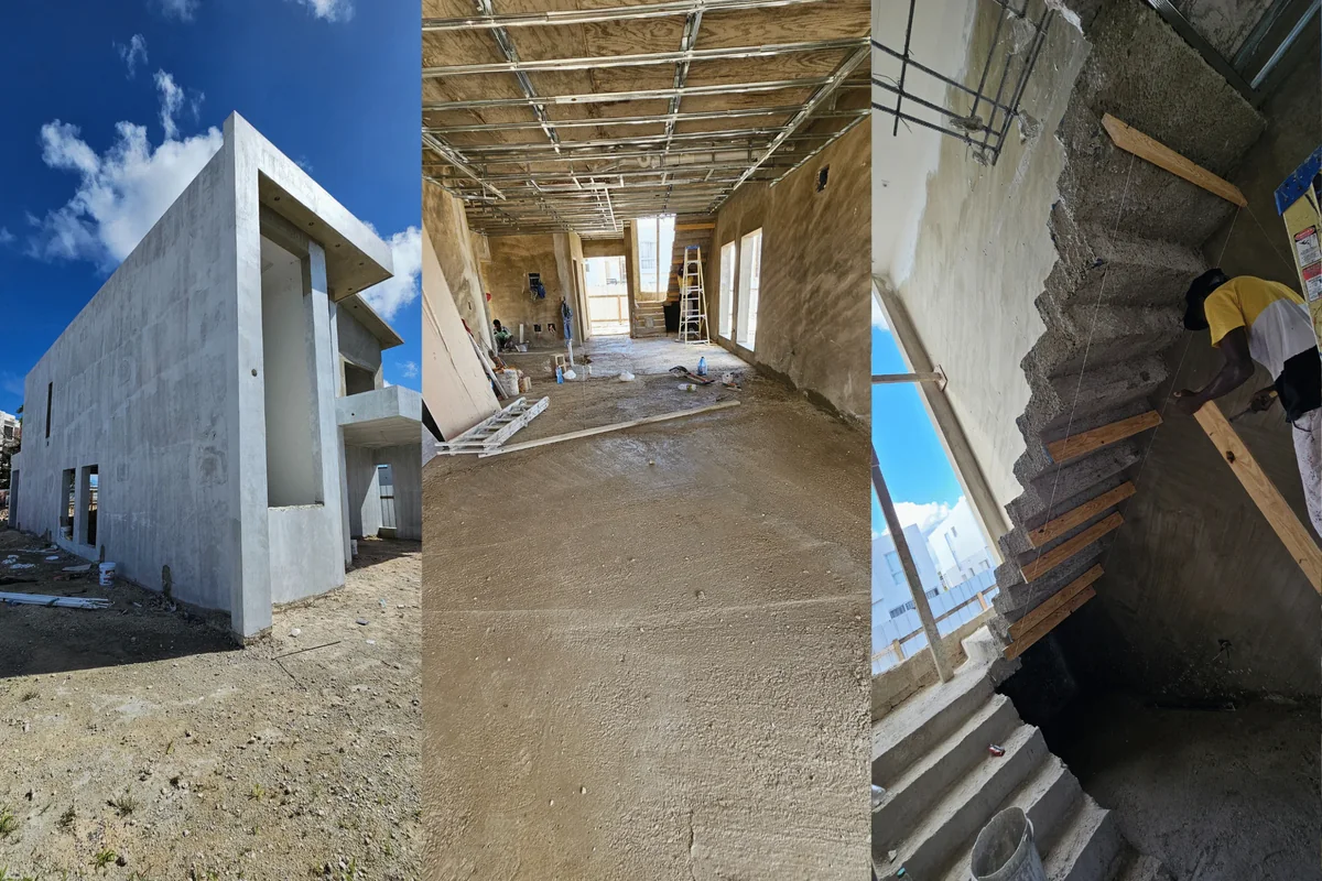 Composición de fotografías de la estructura y los interiores de Nain Luxury en construcción.