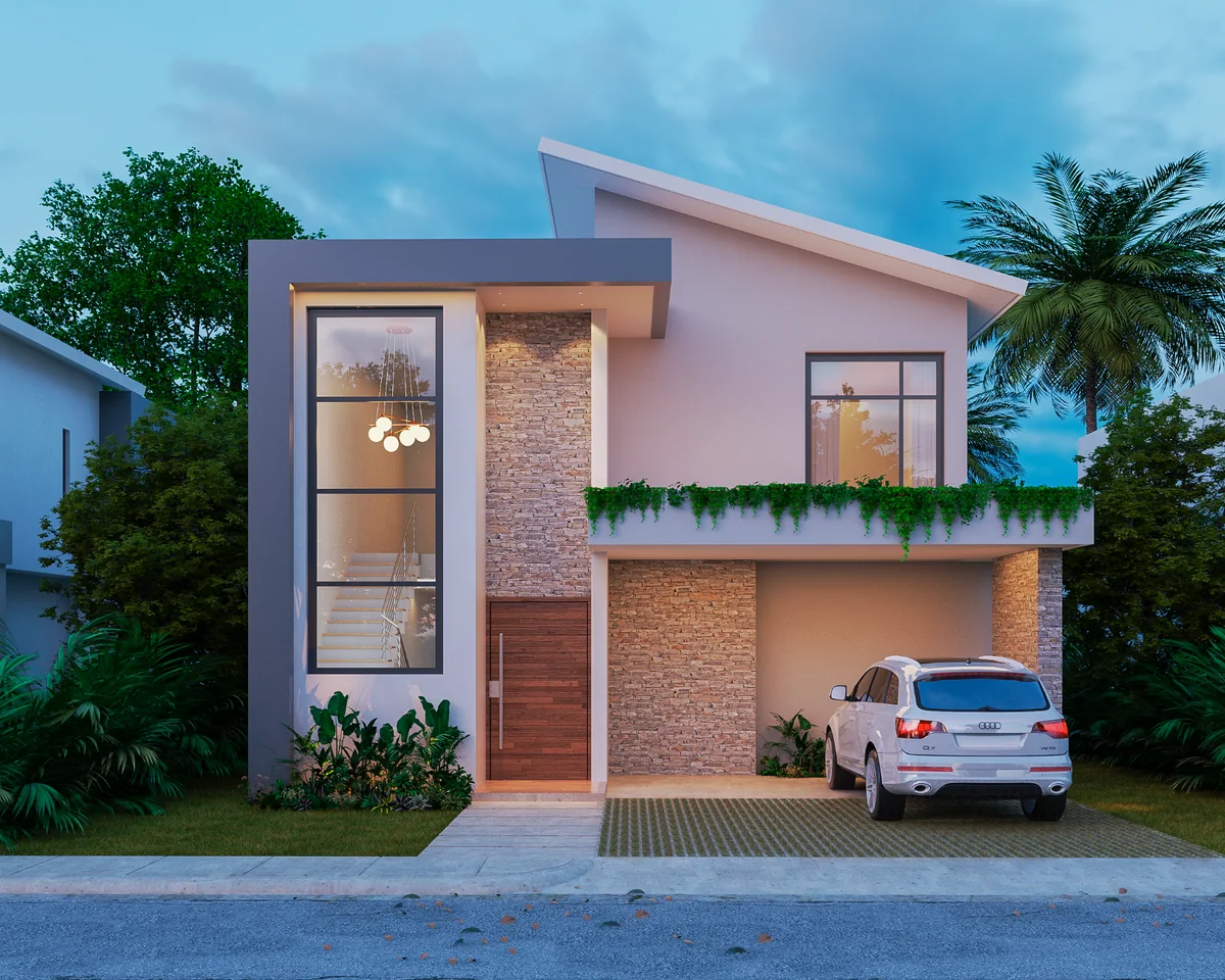 Render frontal de Nain Luxury, con fachada blanca, piedra y estacionamiento.