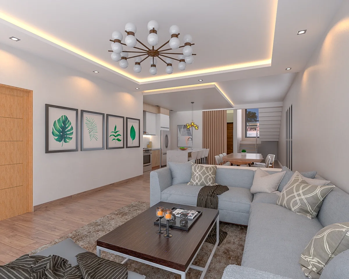 Render de la sala de Nain Luxury, con sofás grises y comedor al fondo.