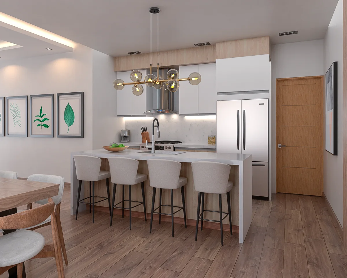 Render de la cocina de Nain Luxury, con isla, bancos y armarios blancos.