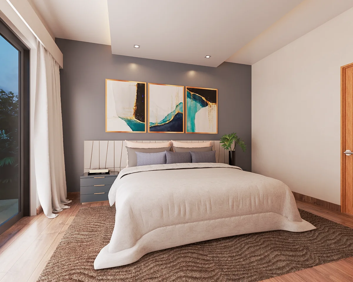Render del dormitorio de Nain Luxury, con cama doble y acceso al balcón.