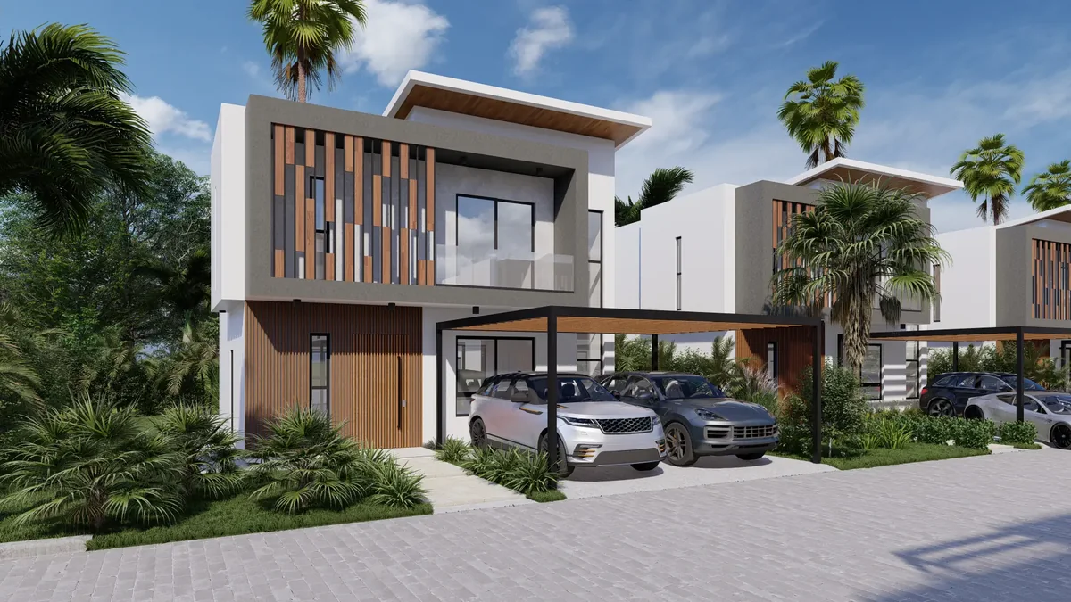 Render de la fachada de Sunlax, con dos vehículos bajo la pérgola.
