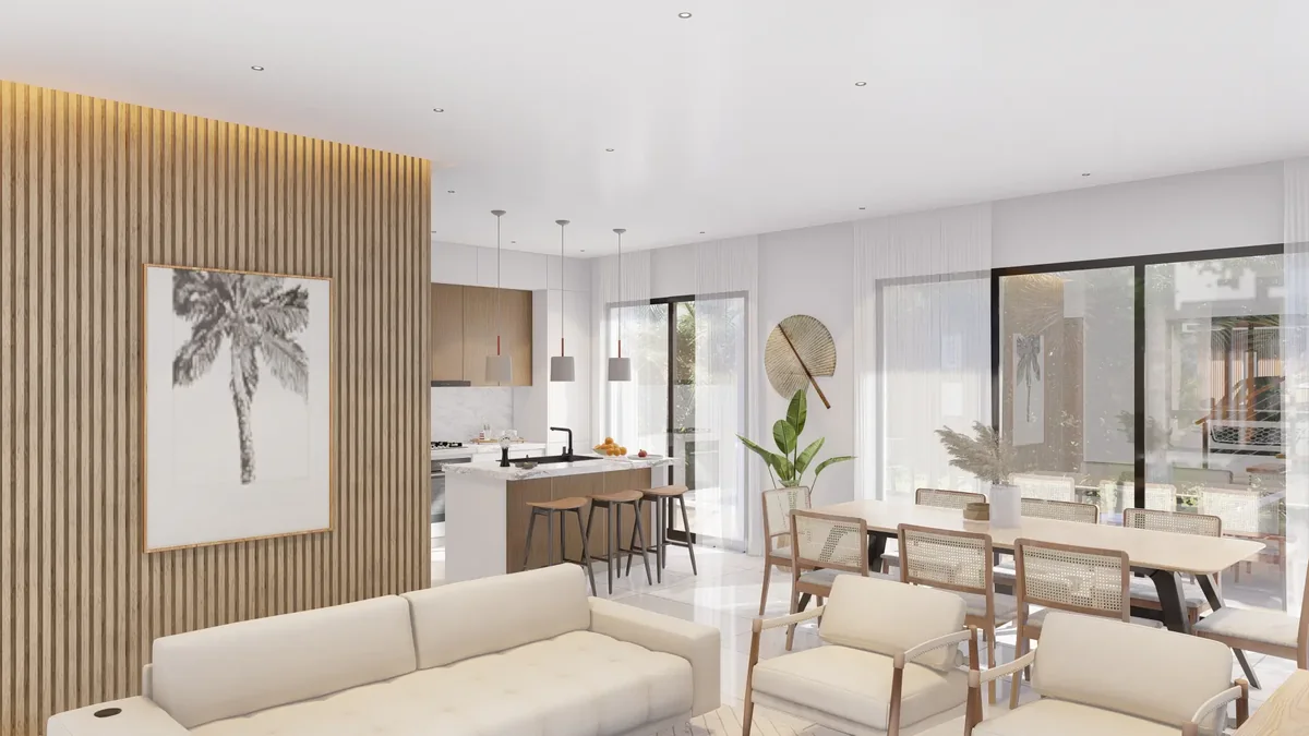 Render de la sala, el comedor y la cocina de una villa Sunlax.