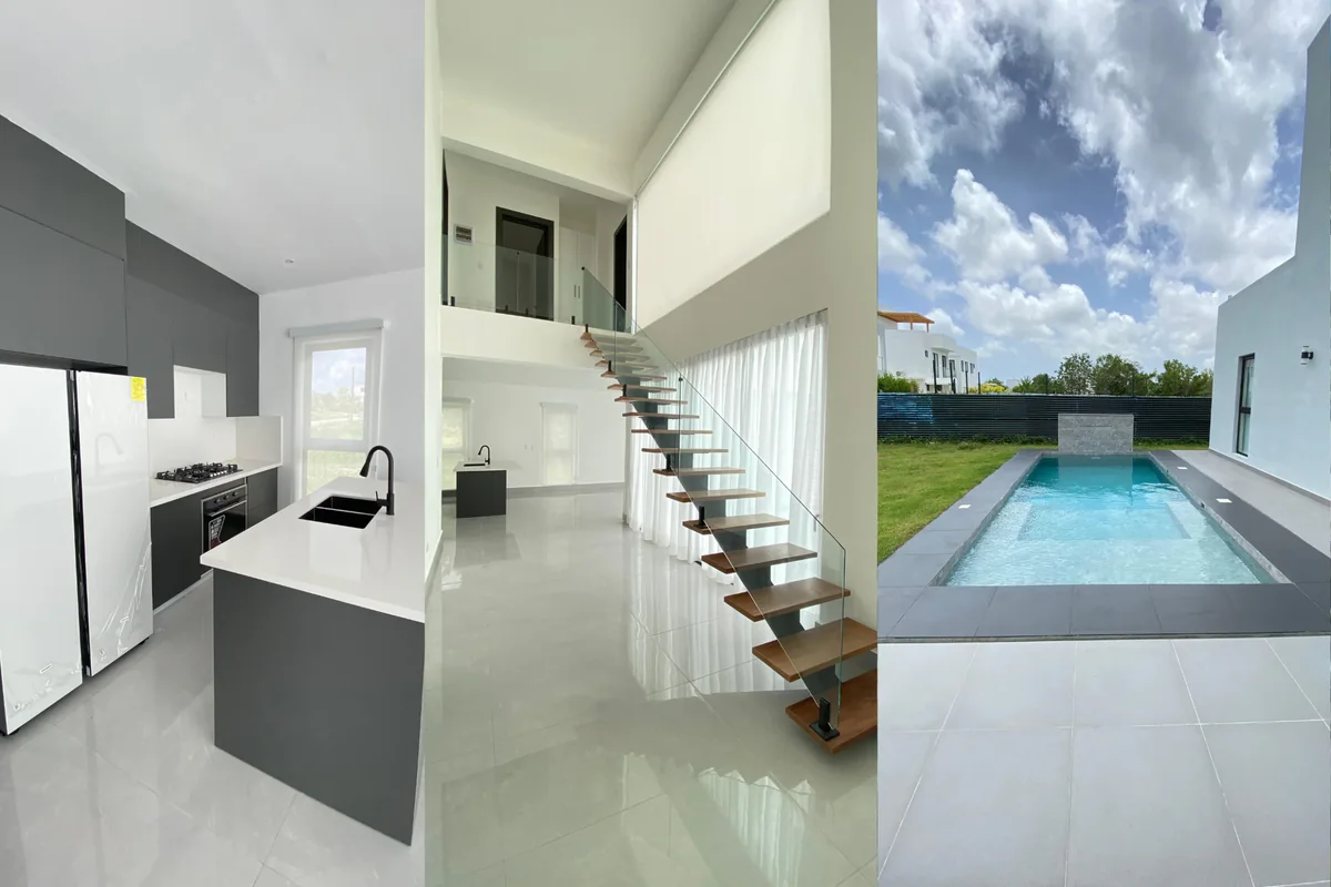 Composición de fotografías de la cocina, la escalera y la piscina de la villa de 232 m².