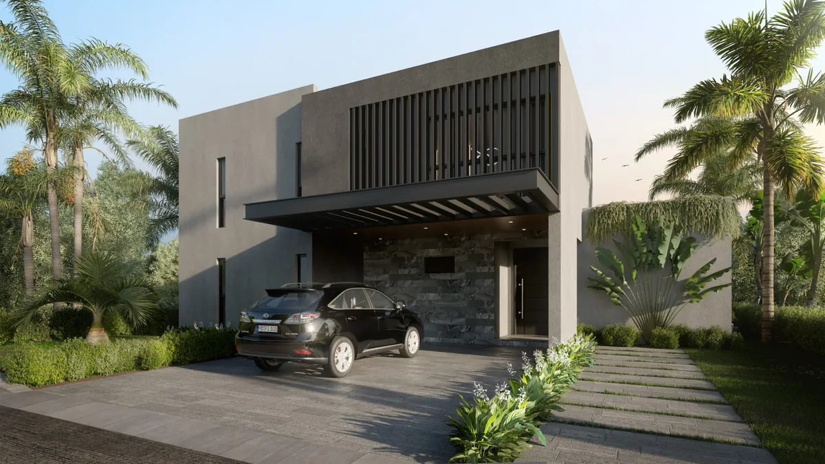 Render de la fachada de la villa de 232 m², con balcón y estacionamiento cubierto.