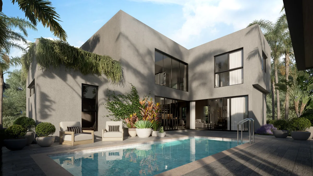 Render del patio de la villa de 232 m², con piscina y terraza.