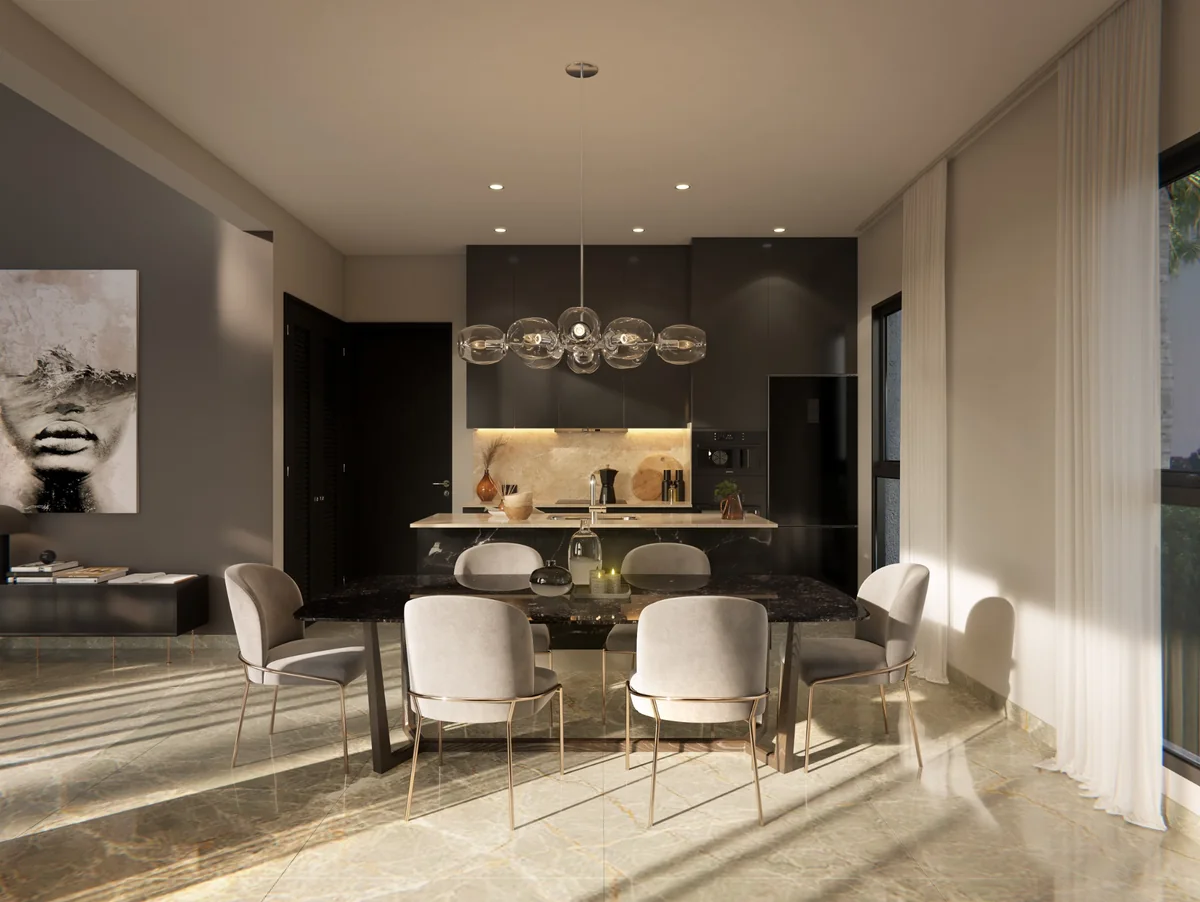 Render del comedor y la cocina de la villa de 232 m².