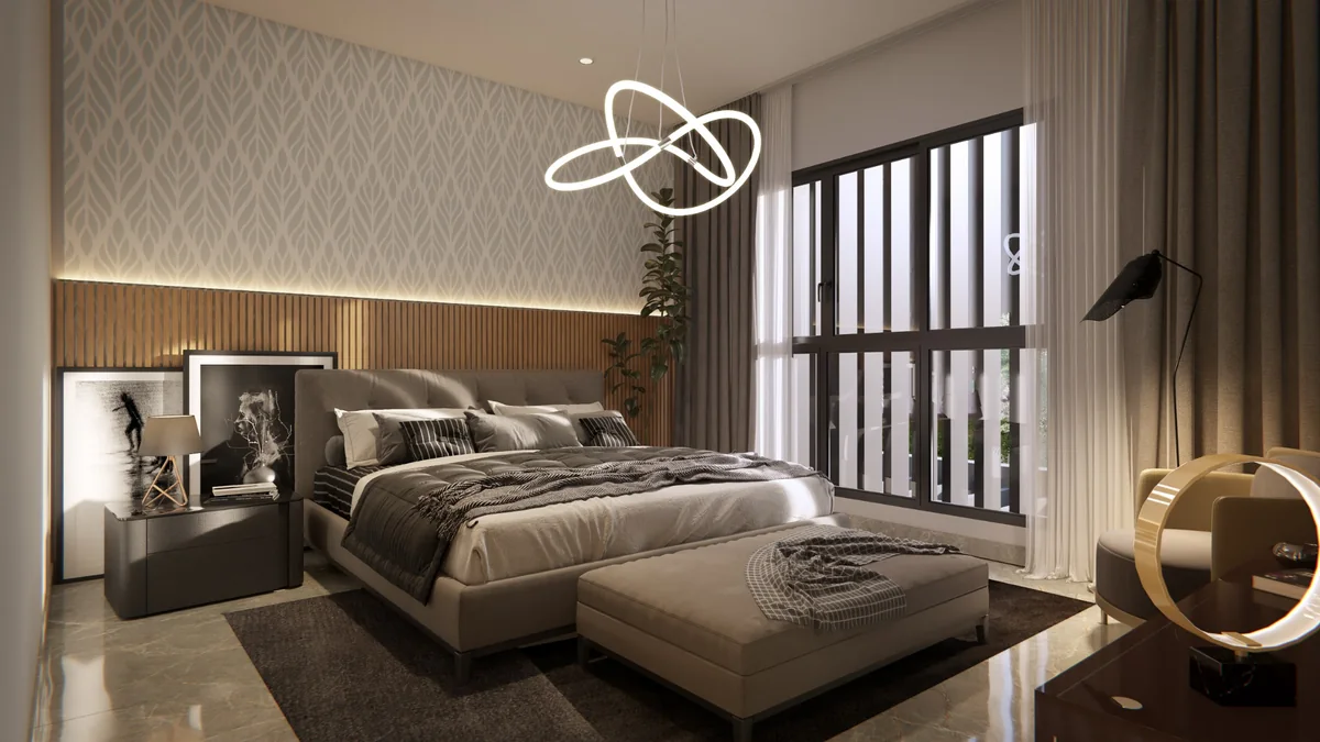 Render del dormitorio de la villa de 232 m², con cabecero iluminado y ventanales.