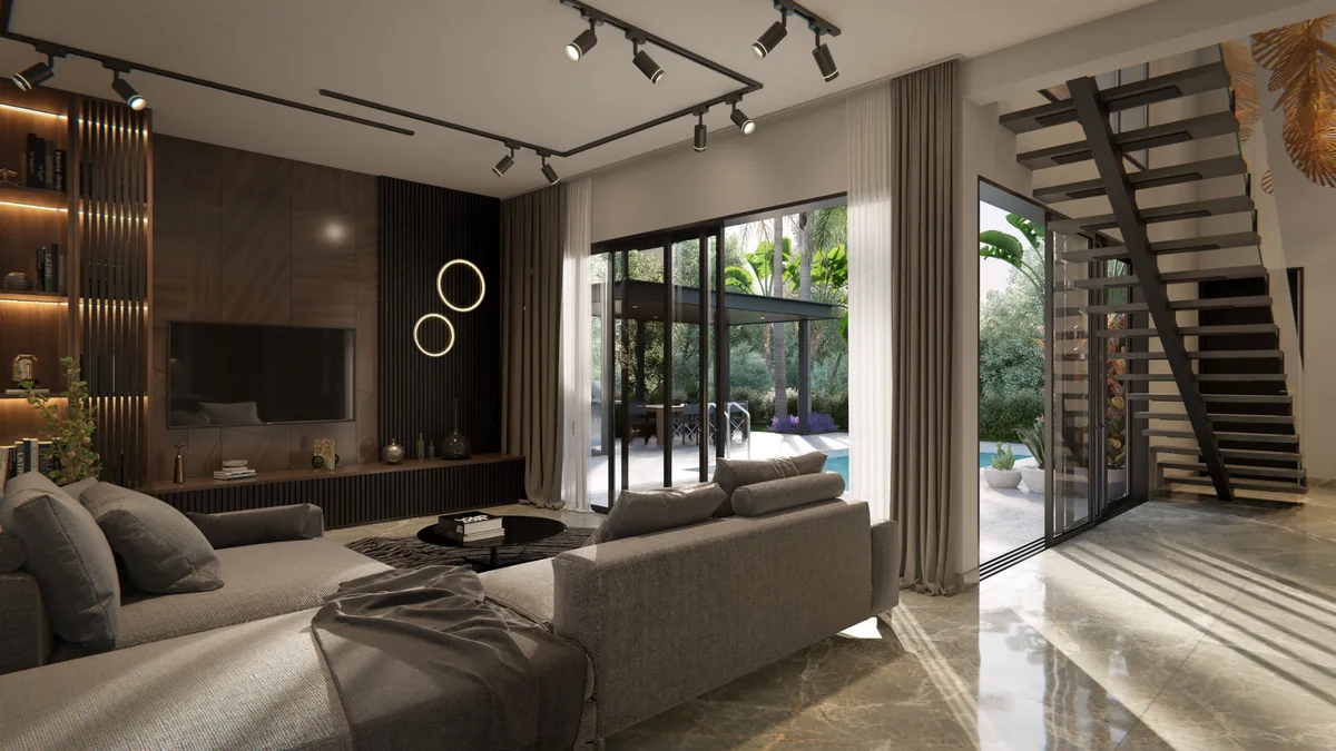 Render de la sala de la villa de 232 m², con escalera y acceso al patio.