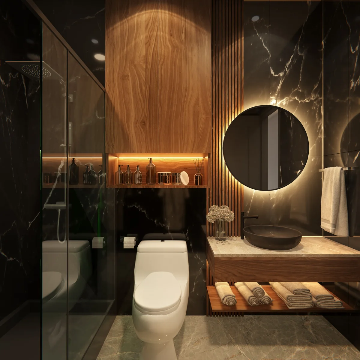 Render del baño de la villa de 232 m², con lavabo, espejo redondo y revestimiento oscuro.